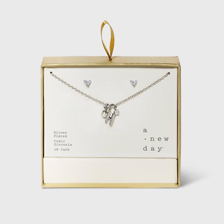 Silver Plated With Cubic Zirconia And Pearl Initial 'h' Charm Cluster Necklace And Earring Set - A New Day