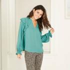 Women's Long Sleeve Romantic Ruffle Blouse - A New Day Teal