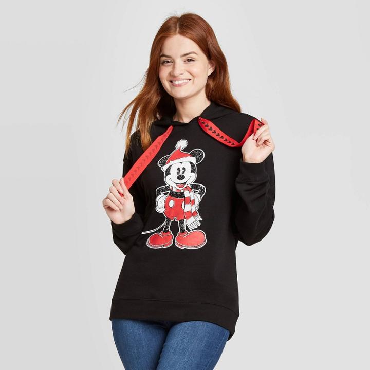 Disney Women's Santa Mickey Ugly Holiday Hooded Graphic Sweatshirt - Black
