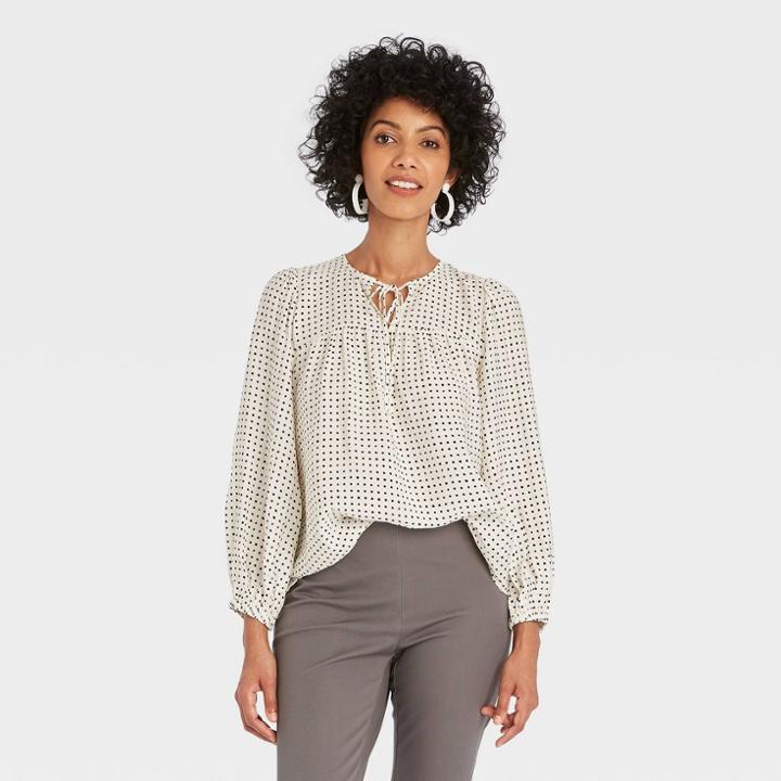 Women's Long Sleeve Blouse - A New Day Cream Polka Dot M, Ivory Polka Dot