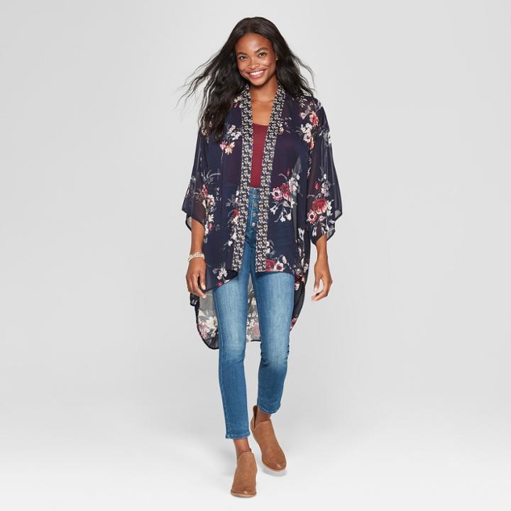 Women's 3/4 Sleeve Floral Midi Length Kimono - Xhilaration Navy (blue)