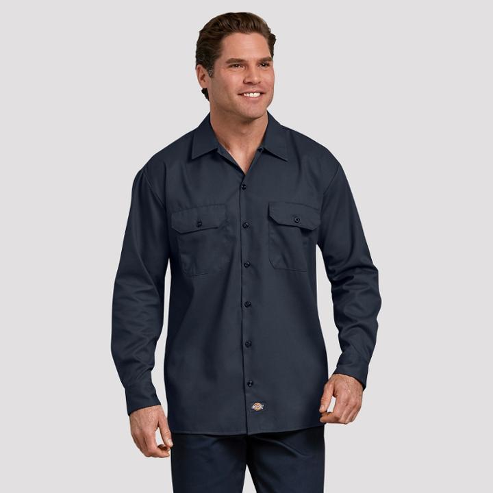 Dickies Men's Relaxed Fit Long Sleeve Button-down Shirts - Deep Navy