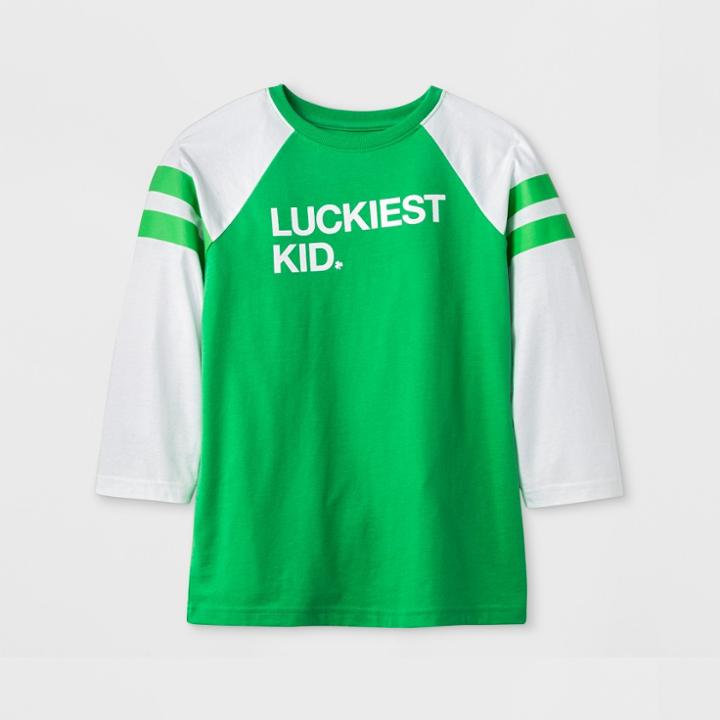 Kids' 3/4 Sleeve 'luckiest Kid' Baseball T-shirt - Cat & Jack Green