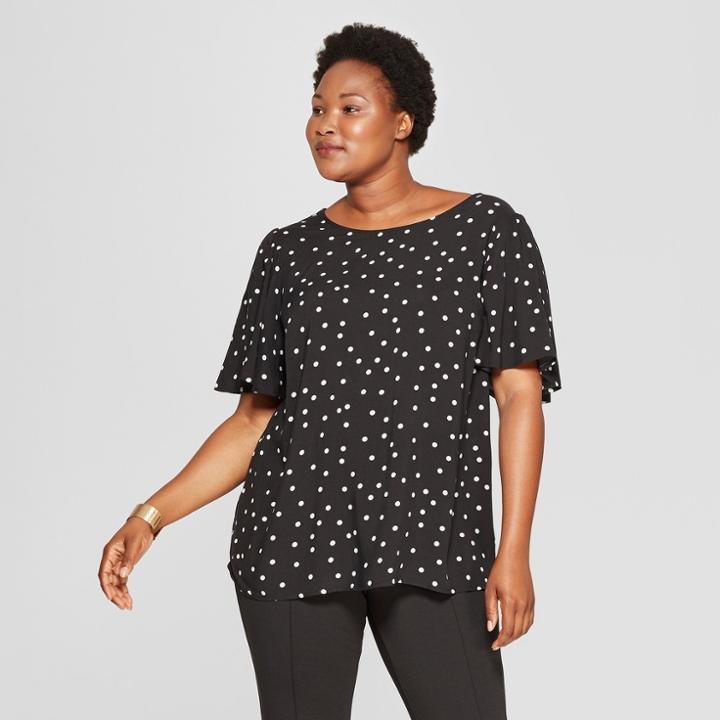 Women's Plus Size Polka Dot Short Flutter Sleeve Top - Ava & Viv Black/white