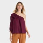 Women's Puff Long Sleeve One Shoulder Top - A New Day Burgundy