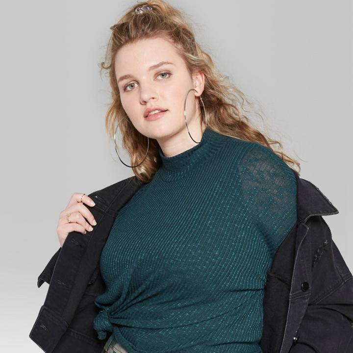 Women's Plus Size Long Sleeve Boxy Mock Neck - Wild Fable Green