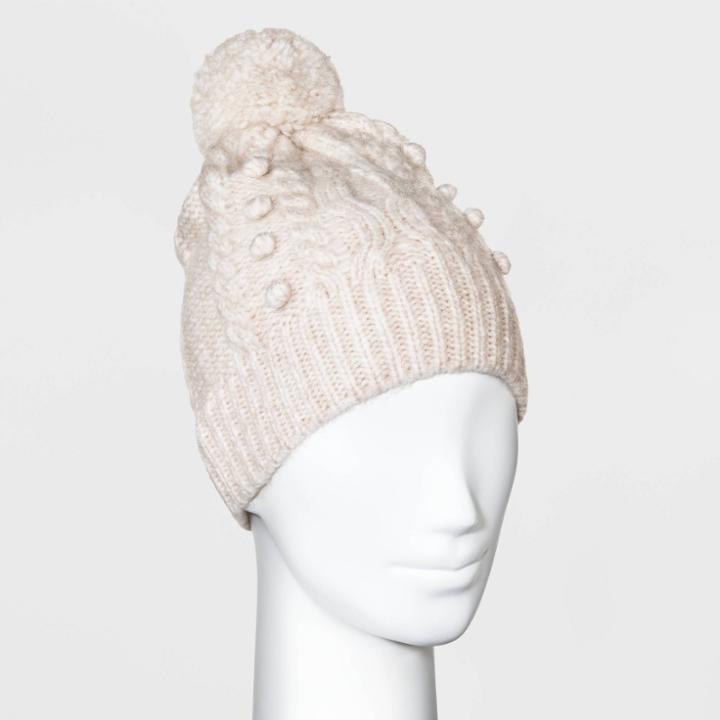 Women's Popcorn Cable Pom Beanie - Universal Thread Cream One Size, Ivory
