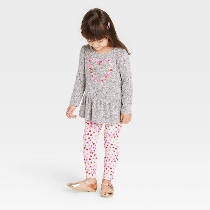 Toddler Girls' Floral Heart Cozy Top & Floral Leggings Set - Cat & Jack Gray