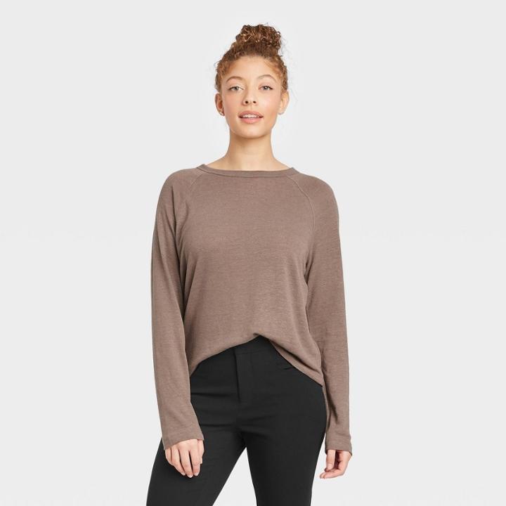 Women's Long Sleeve Linen T-shirt - A New Day Brown