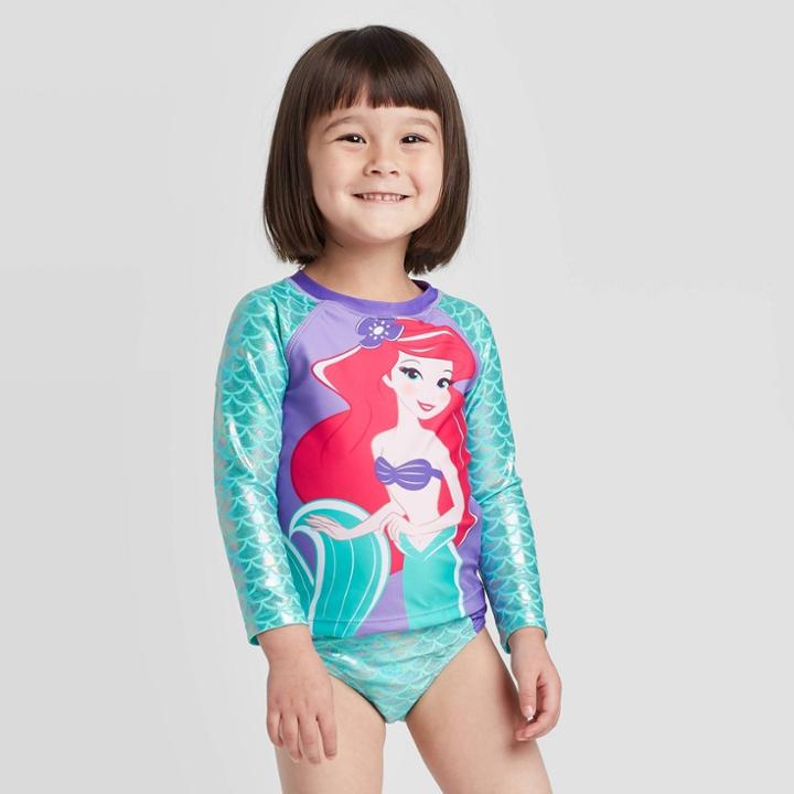 Toddler Girls' The Little Mermaid Rash Guard Set - Green 2t, Toddler Girl's