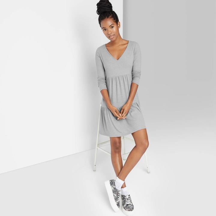 Women's Long Sleeve Brushed Rib-knit Tiered Dress - Wild Fable Heather Gray