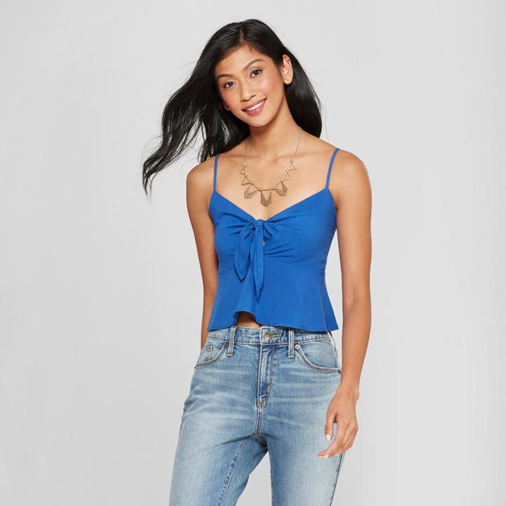 Women's Plaid Tie Front Tank Top - Le Kate (juniors') Blue