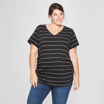 Maternity Plus Size Striped Short Sleeve Shirred V-neck T-shirt - Isabel Maternity By Ingrid & Isabel Black 1x, Women's, Black/white