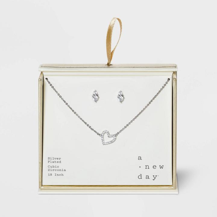 Silver Plated With Cubic Zirconia Pave Heart Necklace And Earring Set - A New Day