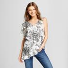 Women's Floral Print Sleeveless Floral Print Asymmetrical Ruffle Blouse - Notations - White