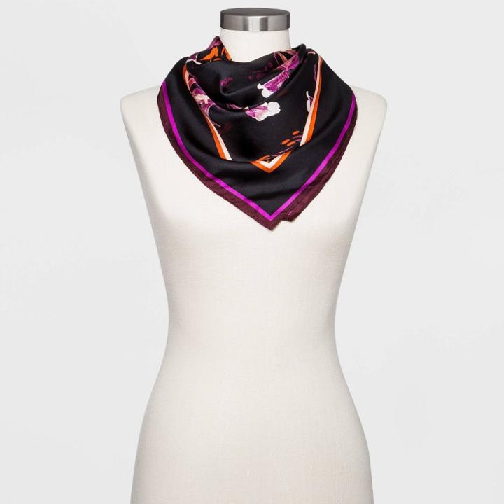Women's Floral Print Silk Scarf - A New Day Black
