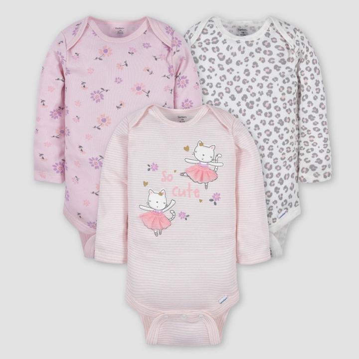 Gerber Baby 3pk Ballerina Long Sleeve Onesies - White/light Pink Newborn