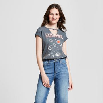 Women's Nama Space Short Sleeve Neck Cut-out Graphic T-shirt - Modern Lux (juniors') Gray