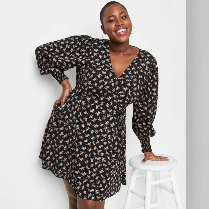 Women's Plus Size Long Sleeve Wrap Dress - Wild Fable Floral Black
