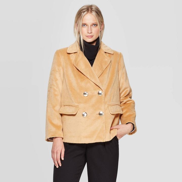 Women's Long Sleeve Notched Collar Pea Coat - Who What Wear Brown M,
