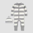 Burt's Bees Baby Organic Cotton Rugby Stripe Convertible Cuff Coverall & Hat Set - Heather Grey