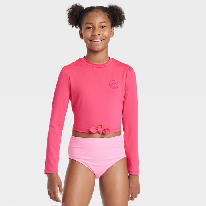 Girls' Smiley Face Long Sleeve Rash Guard Swim Top - Art Class Pink