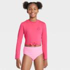 Girls' Smiley Face Long Sleeve Rash Guard Swim Top - Art Class Pink