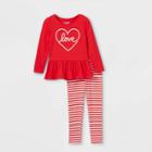 Toddler Girls' 'love' Peplum Long Sleeve Top & Striped Leggings Set - Cat & Jack Red
