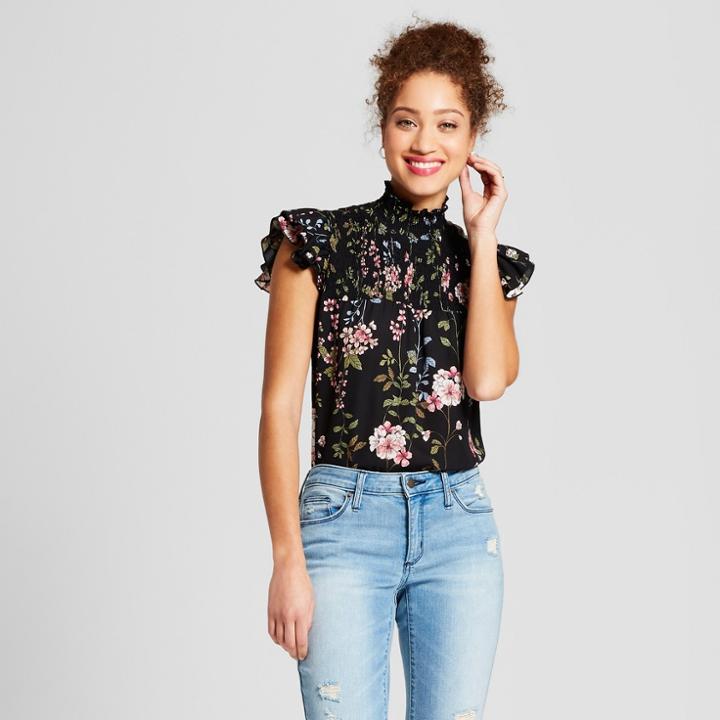 Women's Floral Print Mock Neck Smocked Flutter Sleeve Top - 3hearts (juniors') Black Xl, Black Purple