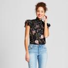 Women's Floral Print Mock Neck Smocked Flutter Sleeve Top - 3hearts (juniors') Black Xl, Black Purple