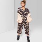 Women's Plus Size Floral Print 3/4 Sleeve V-neck Belted Jumpsuit - Wild Fable Black