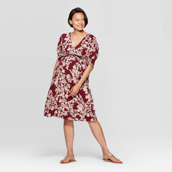 Maternity Floral Print Short Sleeve V-neck Dress - Isabel Maternity By Ingrid & Isabel Burgundy Xxl, Infant Girl's, Red