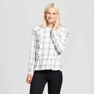 Women's Plaid Ruffle Peplum Top - Alison Andrews White/black