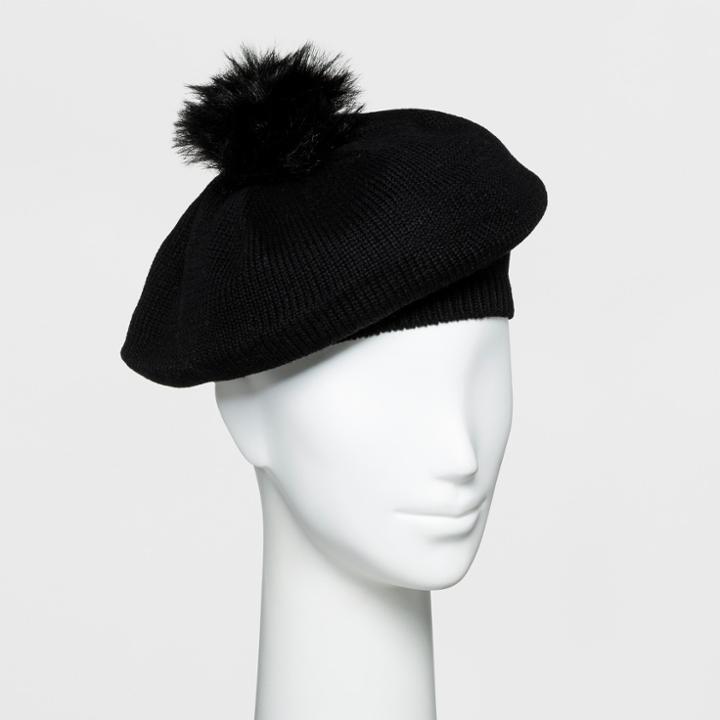 Women's Faux Fur Pom Beret - A New Day Black
