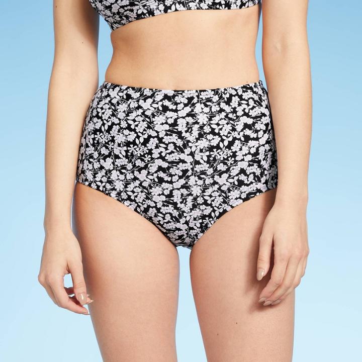 Women's Medium Coverage High Waist Seamed Bikini Bottom - Kona Sol Black/white