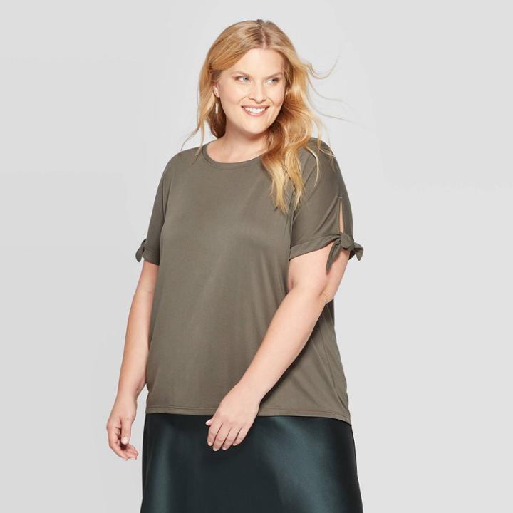 Women's Plus Size Tie Short Sleeve Crewneck T-shirt - Ava & Viv Olive X, Women's, Green