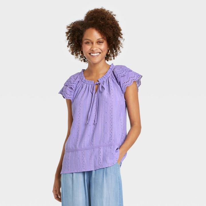 Women's Flutter Short Sleeve Eyelet Blouse - Knox Rose Violet