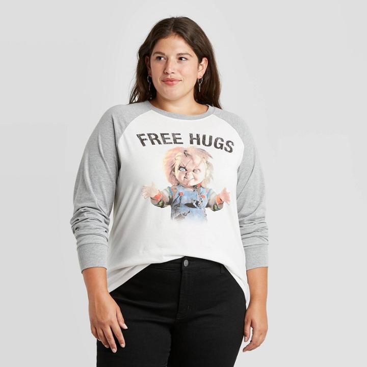 Universal Women's Plus Size Free Hugs Chucky Long Sleeve Graphic T-shirt - White