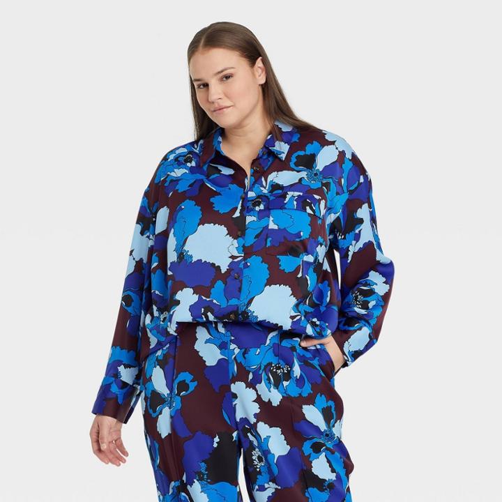 Women's Plus Size Long Sleeve Button-down Satin Shirt - Who What Wear Black Floral
