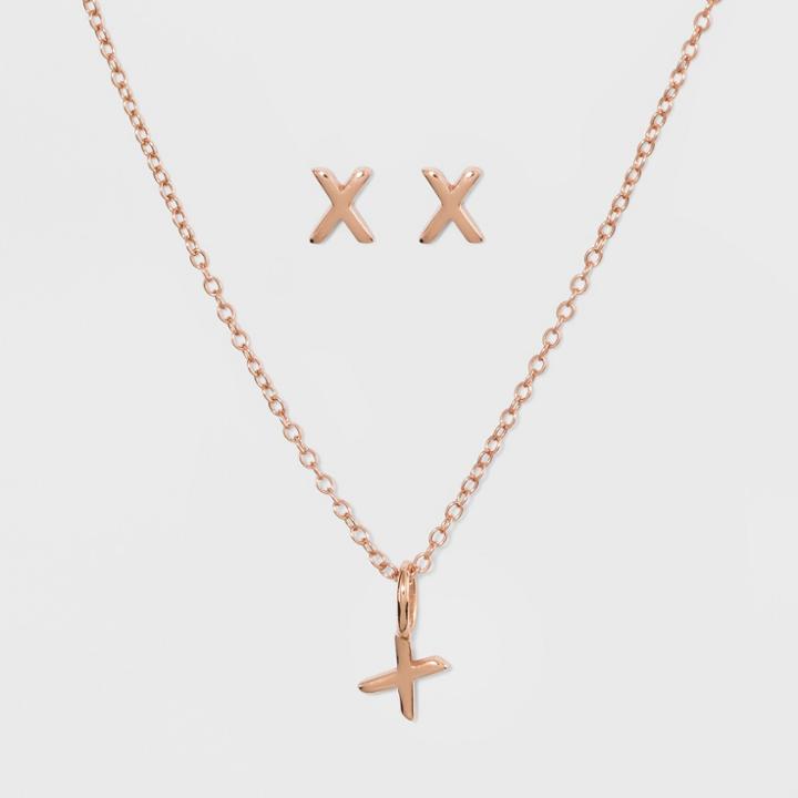 Sterling Silver Initial X Earrings And Necklace Set - A New Day Rose Gold, Girl's, Rose Gold - X