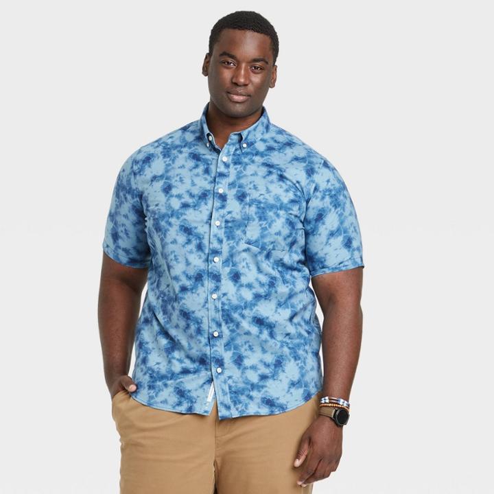 Men's Big & Tall Tie-dye Standard Fit Stretch Poplin Short Sleeve Button-down Shirt - Goodfellow & Co Riviera Blue