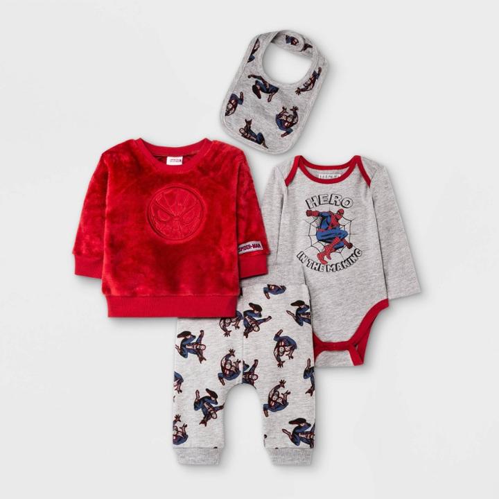 Baby Boys' 4pc Marvel Spider-man Top & Bottom Set - Red Newborn