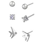 Target Women's Studs Earrings Sterling Silver Three Pairs Ball Stud & Fish And Crystal Eye-silver/clear