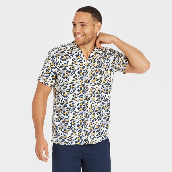 Men's Camp Collared Short Sleeve Button-down Shirt - Goodfellow & Co Heathered White/leopard Print