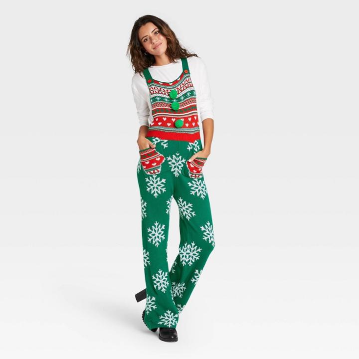 Born Famous Women's Ugly Holiday Snowflake Sweaterknit Sleeveless Jumpsuit - Green