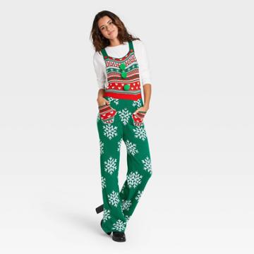 Born Famous Women's Ugly Holiday Snowflake Sweaterknit Sleeveless Jumpsuit - Green