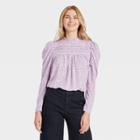 Women's Floral Print Long Sleeve Pintuck Top - A New Day Purple