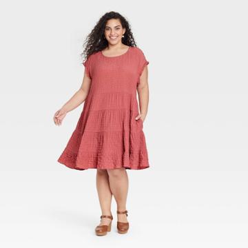 Women's Plus Size Flutter Short Sleeve Textured Tiered A-line Dress - Knox Rose Coral Red