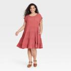 Women's Plus Size Flutter Short Sleeve Textured Tiered A-line Dress - Knox Rose Coral Red