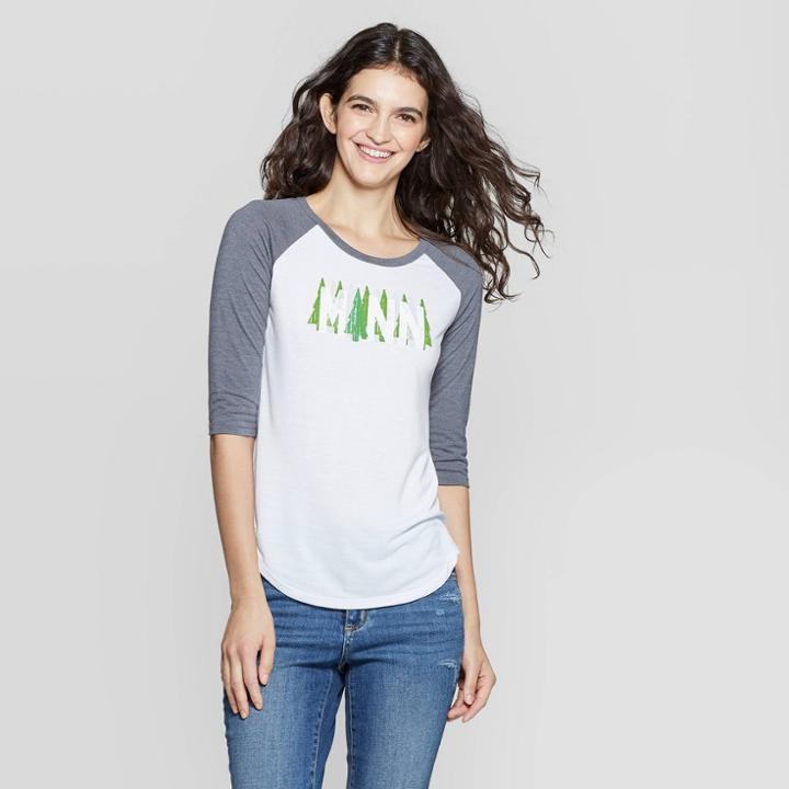 Women's 3/4 Sleeve Crewneck Trees Raglan Graphic T-shirt - Awake White S, Women's,